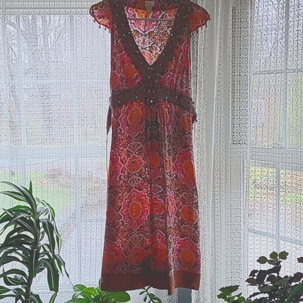Boho Beaded Silk Midi Dress Size 6